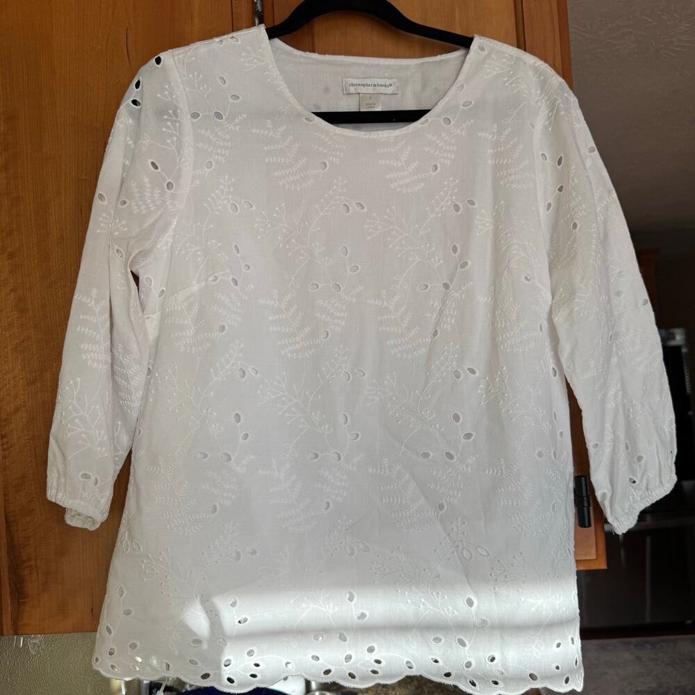 CJ Banks White Eyelet Top Small/Medium Lightweight Crisp Cotton Summer Vacation